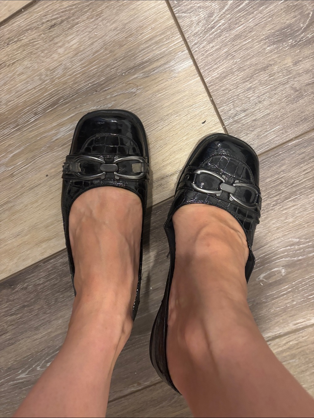 Black Croc-Embossed Square-Toe Ballet Flats